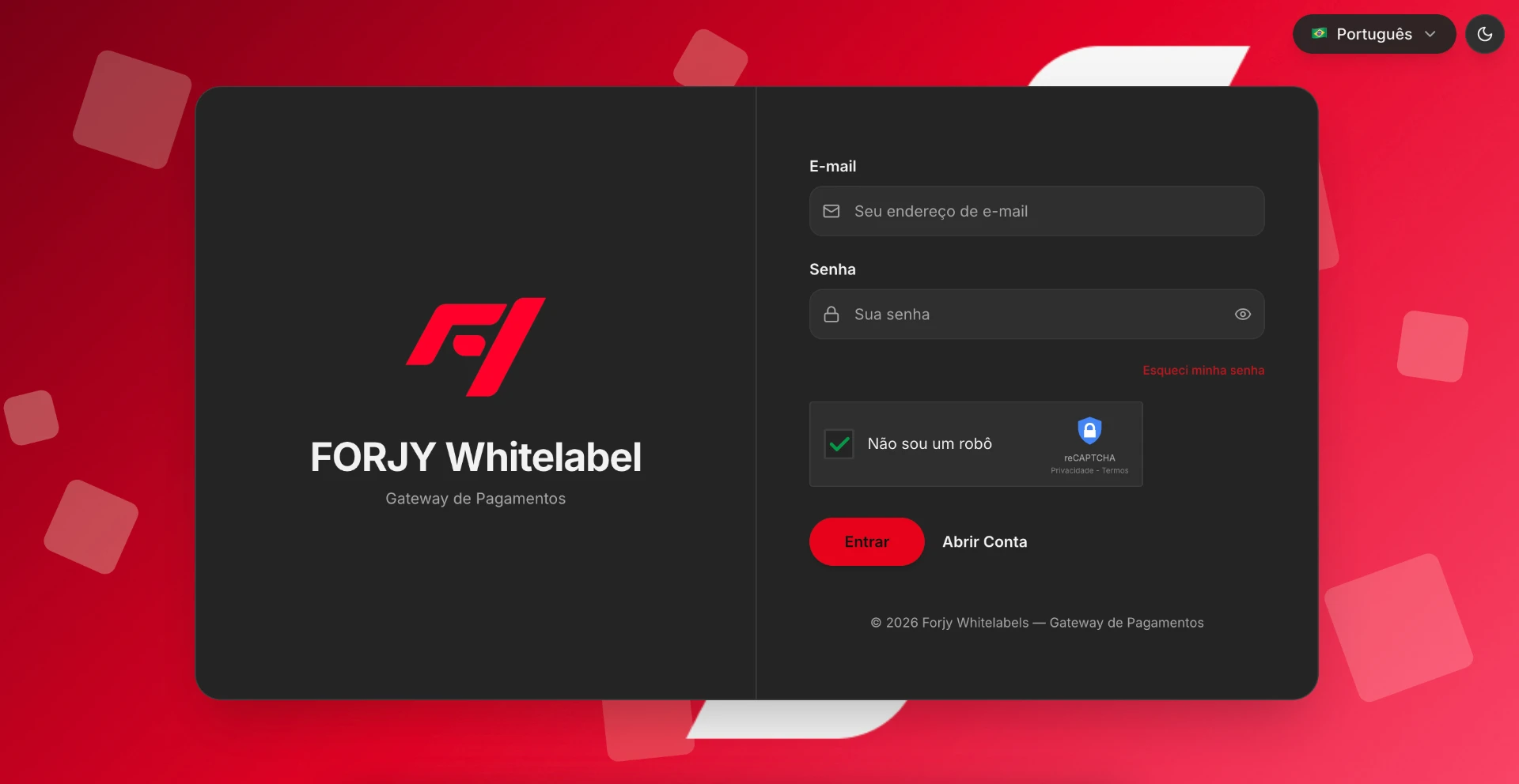 Tela de login da plataforma Forjy White Label